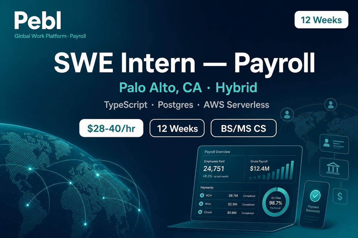 Pebl SWE Intern Payroll Palo Alto | TypeScript AWS $28-40/hr