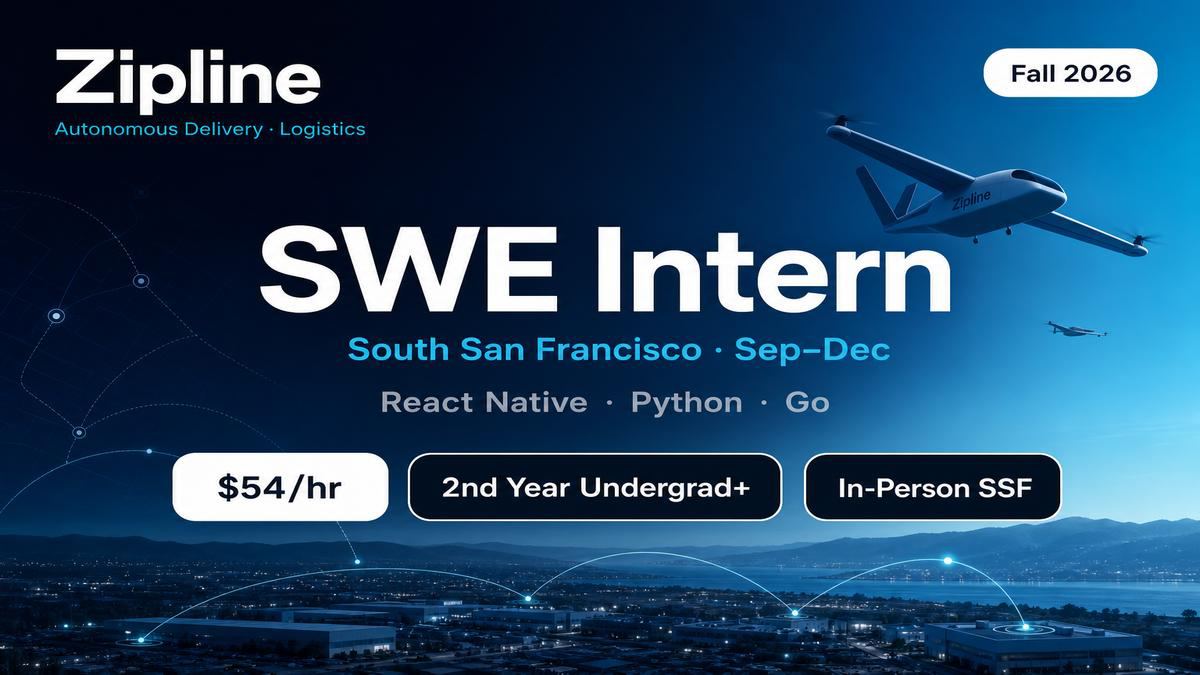 Zipline SWE Intern Fall 2026 | $54/hr South San Francisco